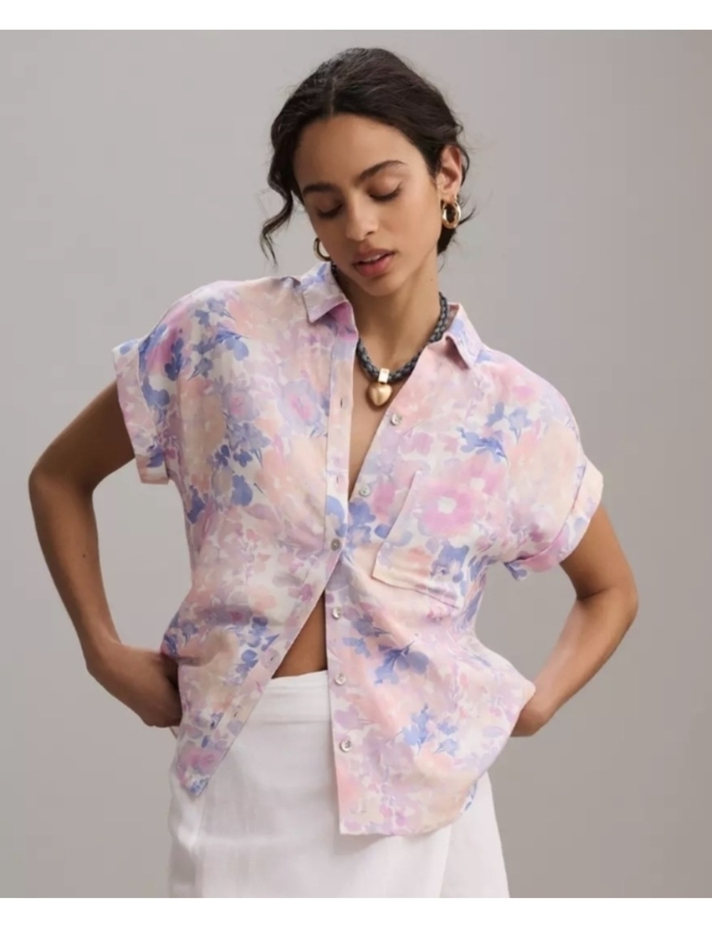 Anthropologie Cloth & Stone Linen Floral Button Down Shirt